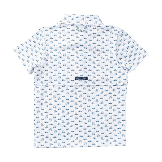 Boy's Short Sleeve Pro Performance Polo: Golf Cart Print