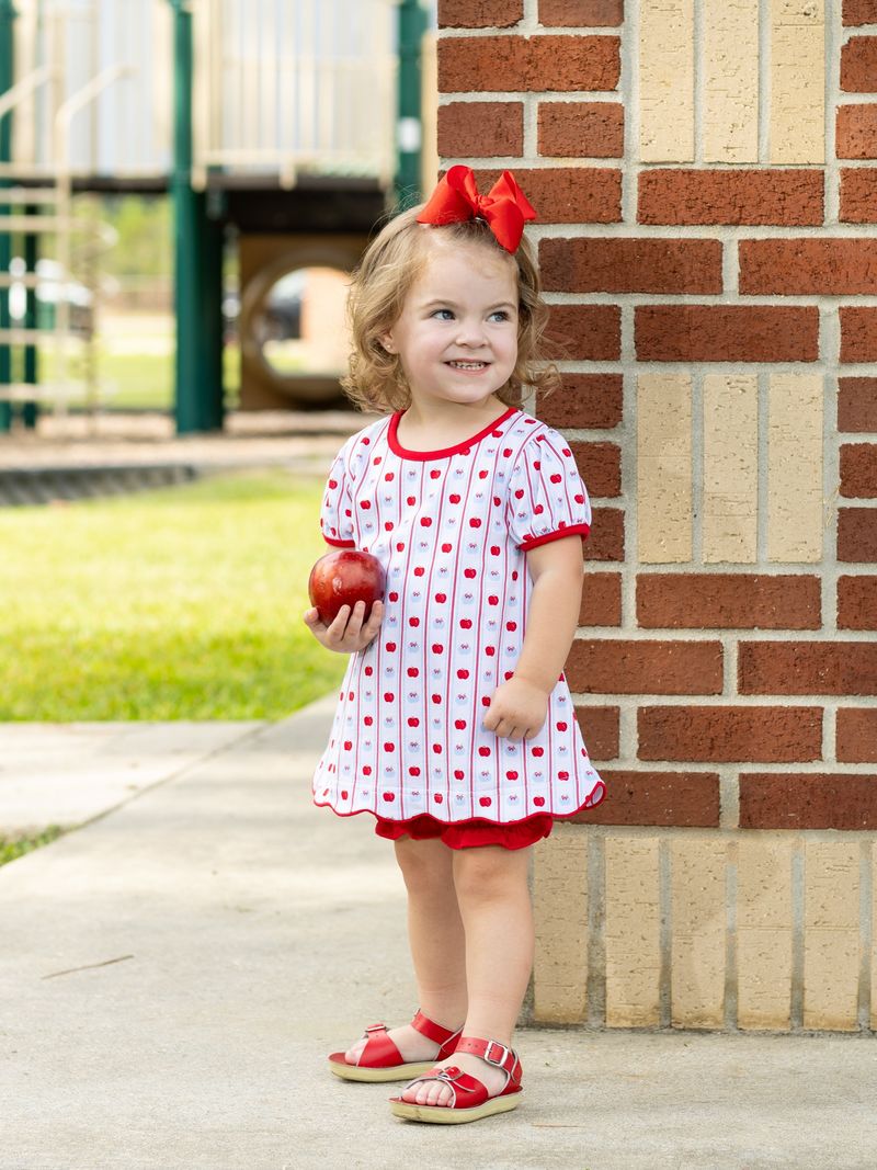 White with red trim bloomer set apple print