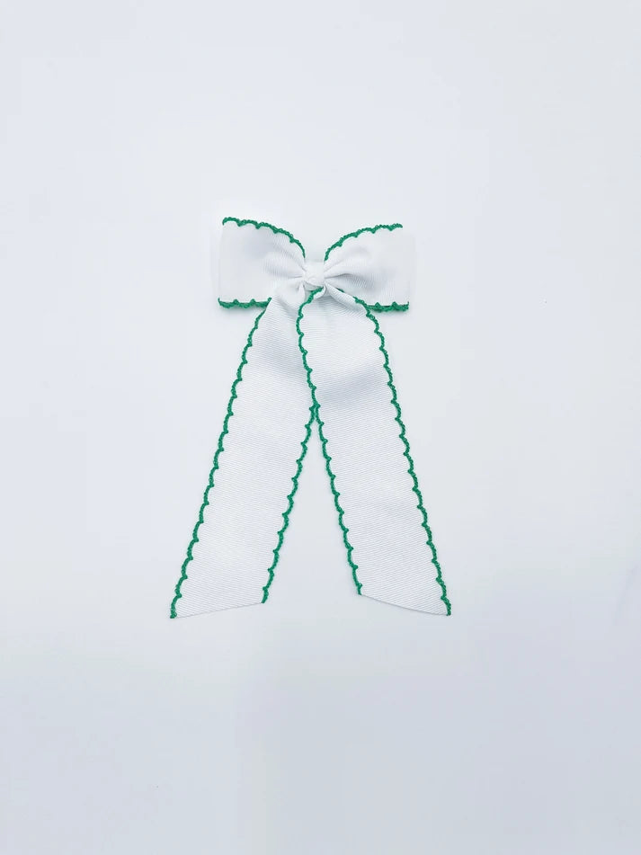 Long Tail Bow: White with Green Trim