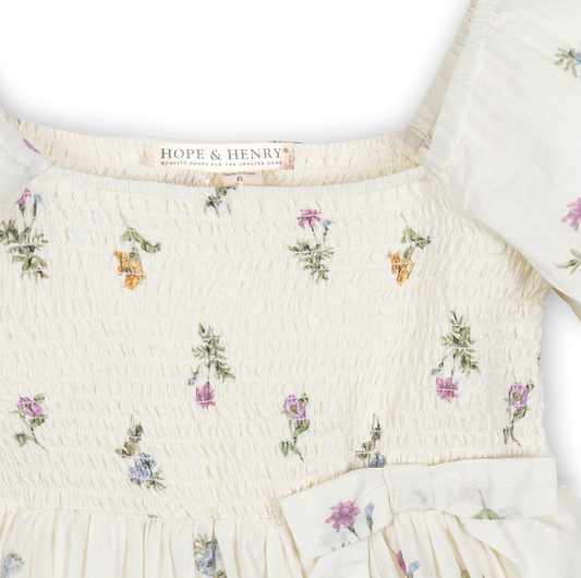 Organic Smocked Bubble Sleeve Dress: Harvest