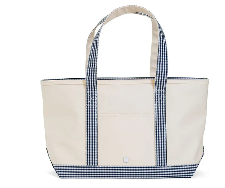 Medium Tote - Coated Canvas Natural with Gingham Navy Trim