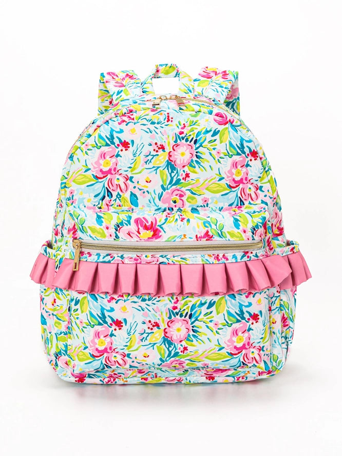 Green/Pink Floral Ruffle Backpack