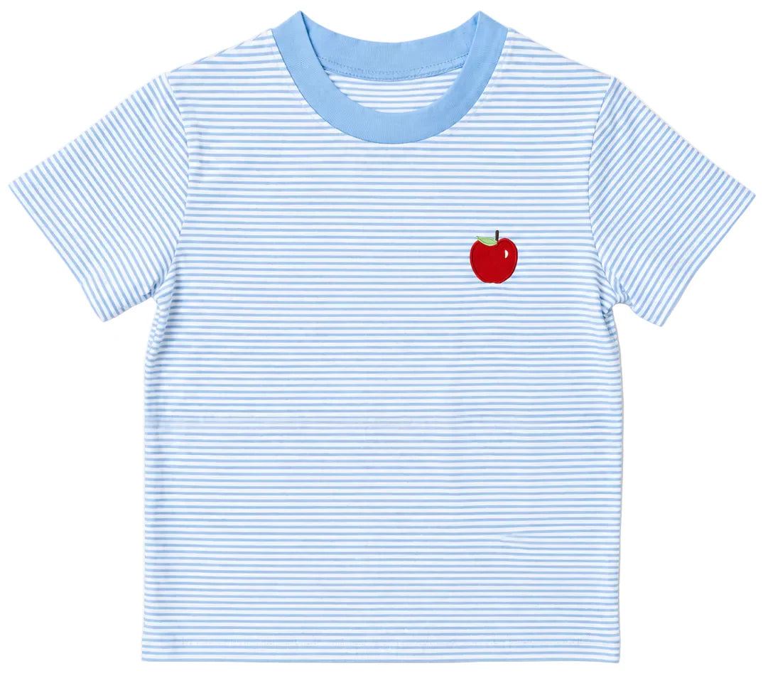 Blue and white striped t-shirt with a red apple applique