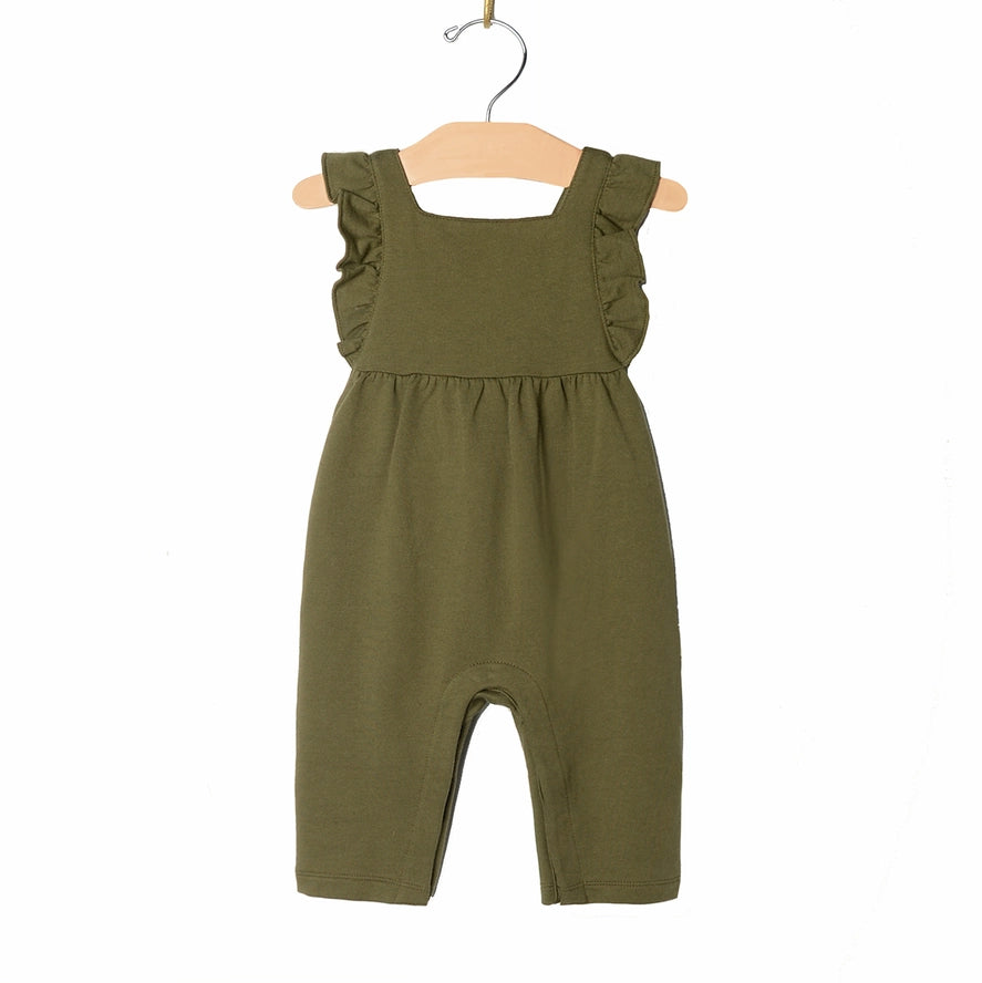 Ruffle Fleece Overalls- Olive