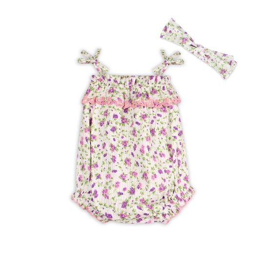 Camila Embroidered Seersucker Romper + Headband (Organic)