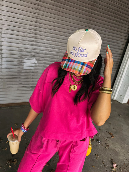 So Far, So Good Trucker Hat Plaid