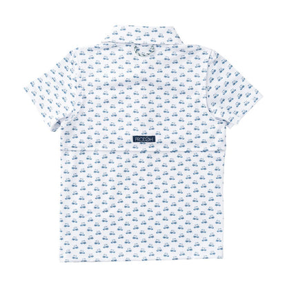 Boy's Short Sleeve Pro Performance Polo: Golf Cart Print