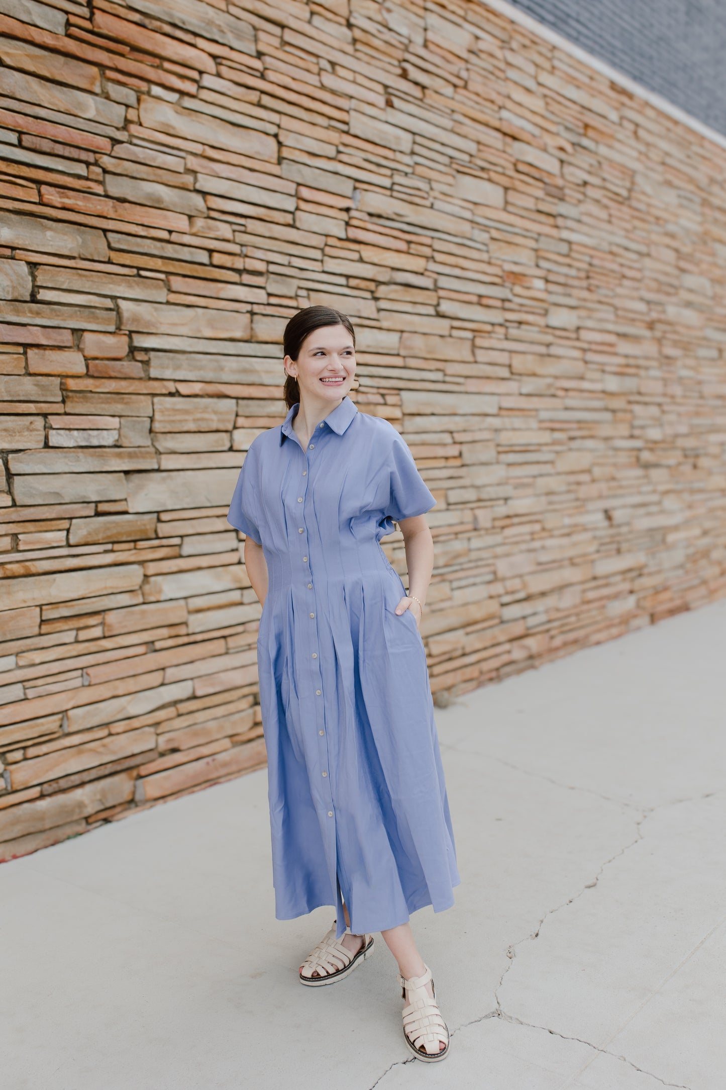Pleated Blue Midi Dress