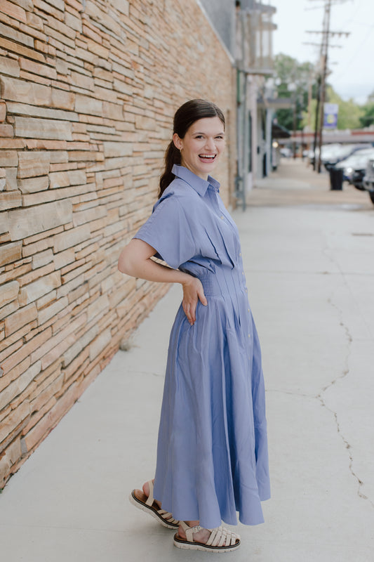 Pleated Blue Midi Dress