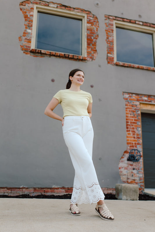 White Embroidery Trim Pants