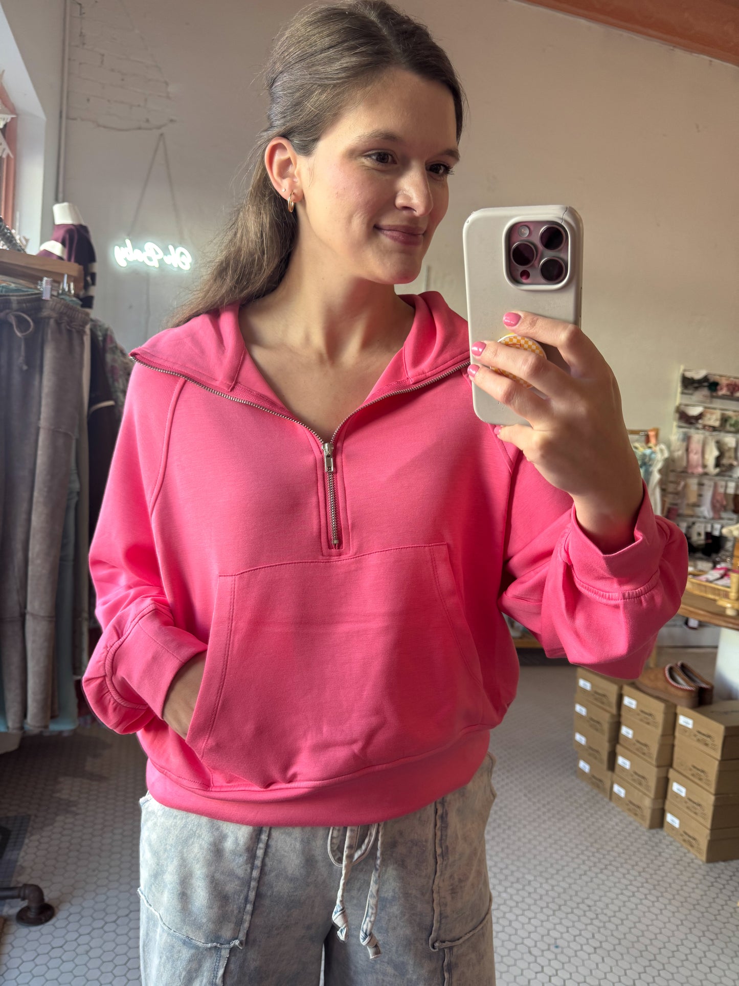 Athletic Quarter Zip: Bubble Gum Pink