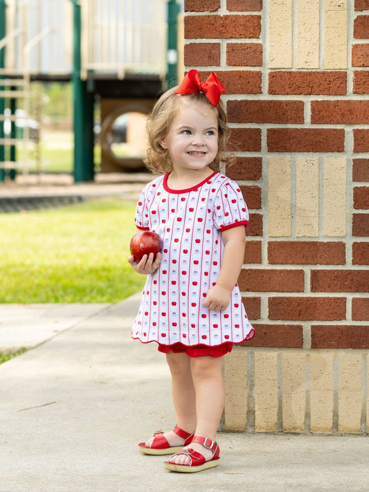 White with red trim bloomer set apple print