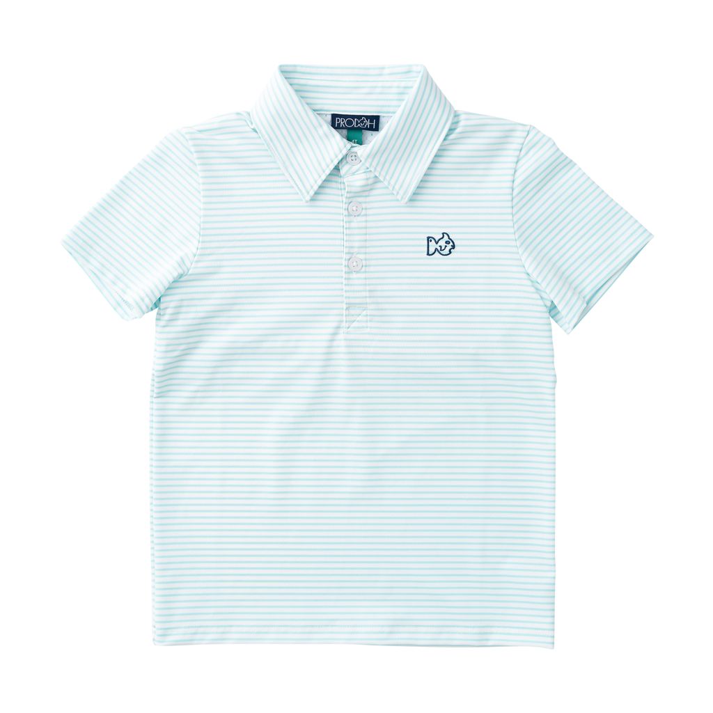 Light blue striped polo shirt with a small logo