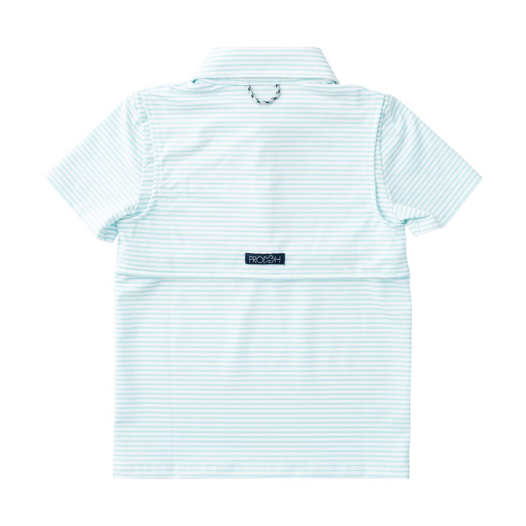 Light blue striped polo shirt with a brand logo