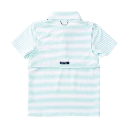 Light blue striped polo shirt with a brand logo