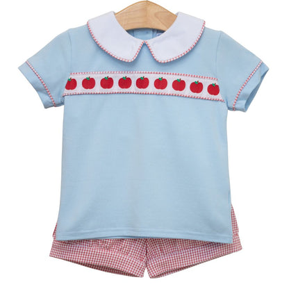 Baby and Toddler back to school outfit. Baby blue top and red window pane print shorts.