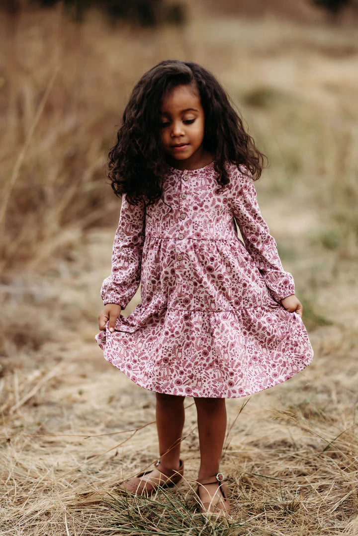 Tiered Henley Dress- Fox Floral Dusty Rose
