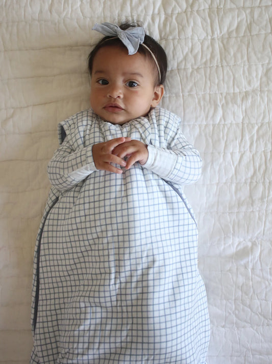 dusty blue checkered sleep sack