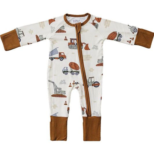 Baby onesie with construction vehicle pattern on a white background. Mebie Baby