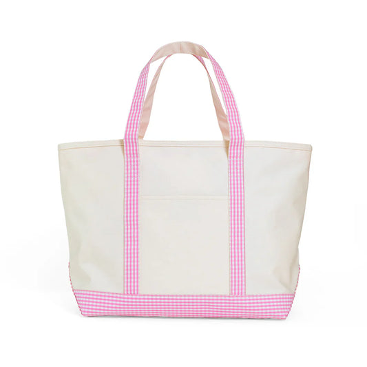 Maxi Tote - Coated Canvas Large Natural with Gingham Pink Trim