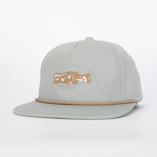 Green hat with rope trim and embroidered duck call