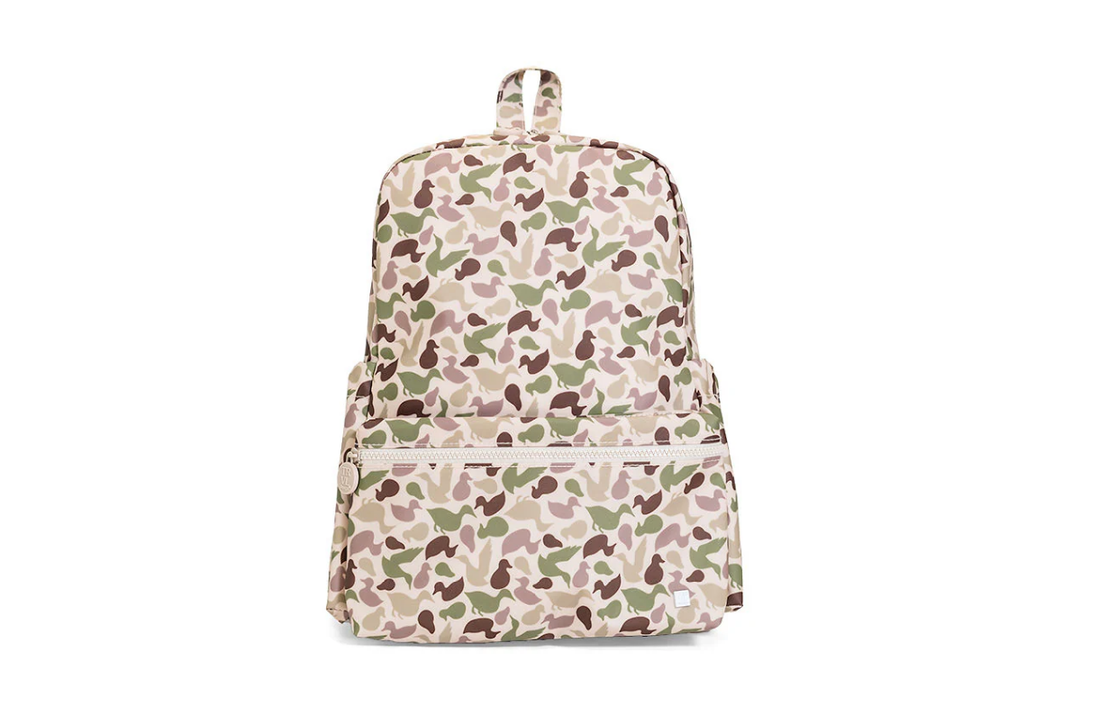 Camouflage-patterned backpack on a white background with mallards