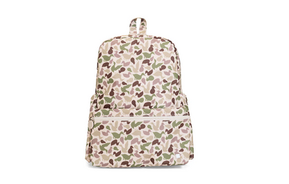 Camouflage-patterned backpack on a white background with mallards