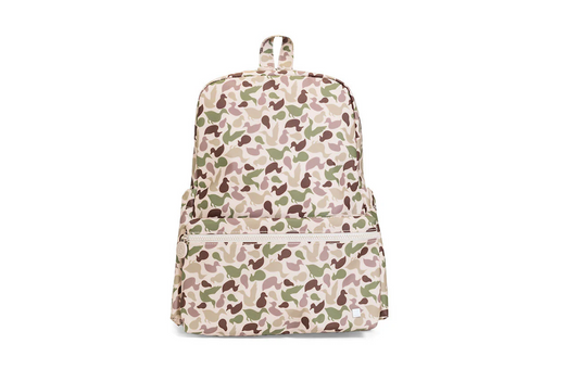 Camouflage-patterned backpack on a white background with mallards