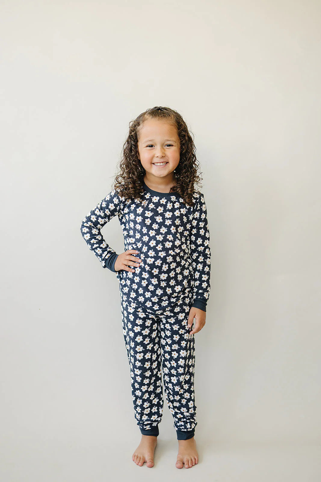 Mebie Baby. navy floral ribbed bamboo girls sleep set