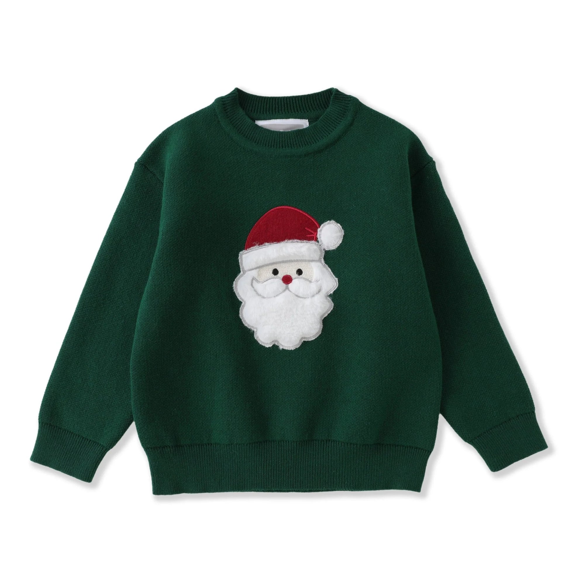 Child's Green sweater with a Santa Claus face patch