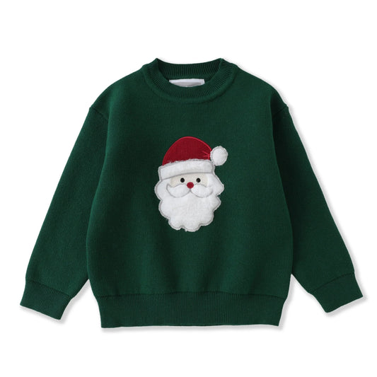 Child's Green sweater with a Santa Claus face patch