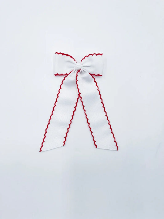 Long Tail Bow: White with Red Trim