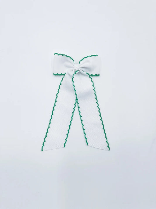 Long Tail Bow: White with Green Trim