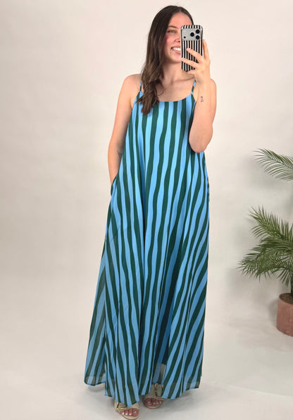 Blue and Green Striped Scoop Neck Dress