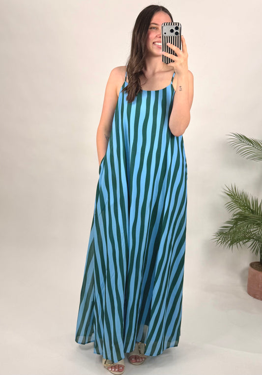 Blue and Green Striped Scoop Neck Dress