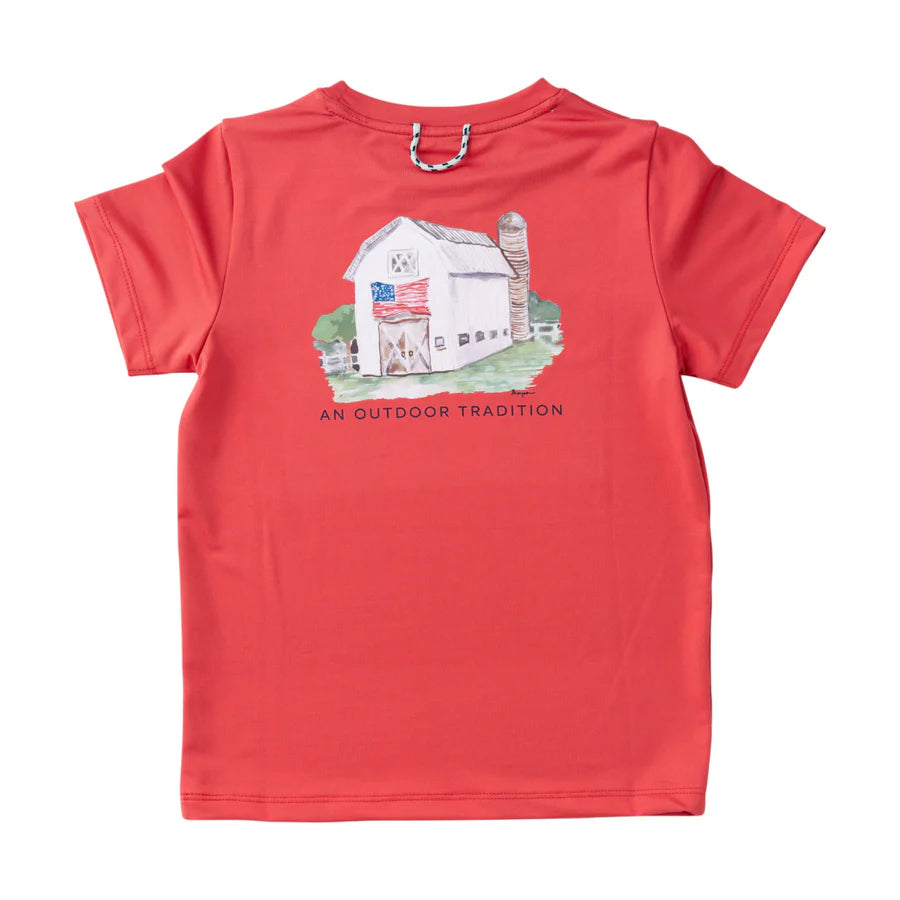 Red t-shirt with a barn graphic and text on a white background. Prodoh.