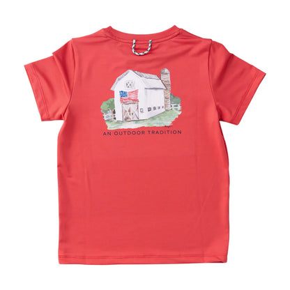Red t-shirt with a barn graphic and text on a white background. Prodoh.