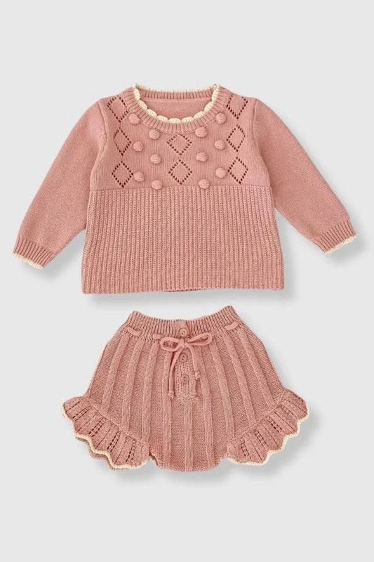 100% Cotton Knit Sweater Set with Flutter Detail - Pink