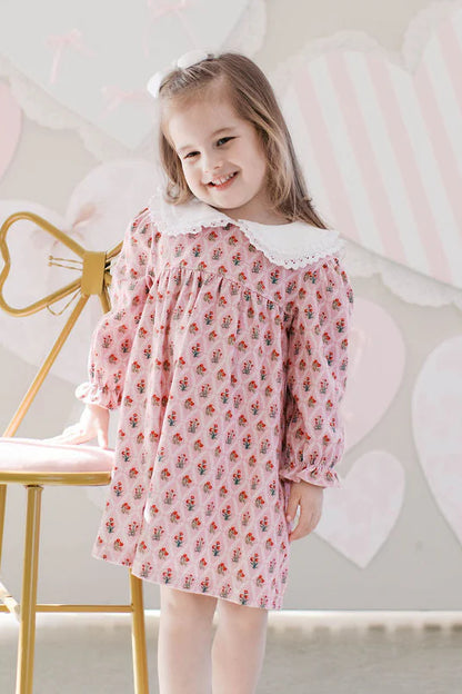 little colette, pink floral dress, white collar
