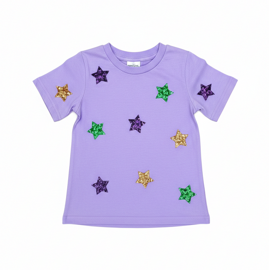 Purple t-shirt with colorful star-shaped sequins on a white background