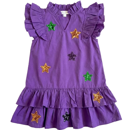 Purple dress with sequin stars on it