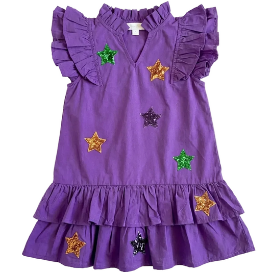 Purple dress with sequin stars on it