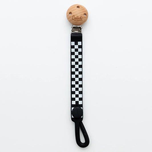 Checkered clip for pacifiers, teethers, and toys