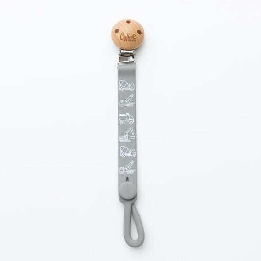 Gray clip for teethers, pacifiers, and toys
