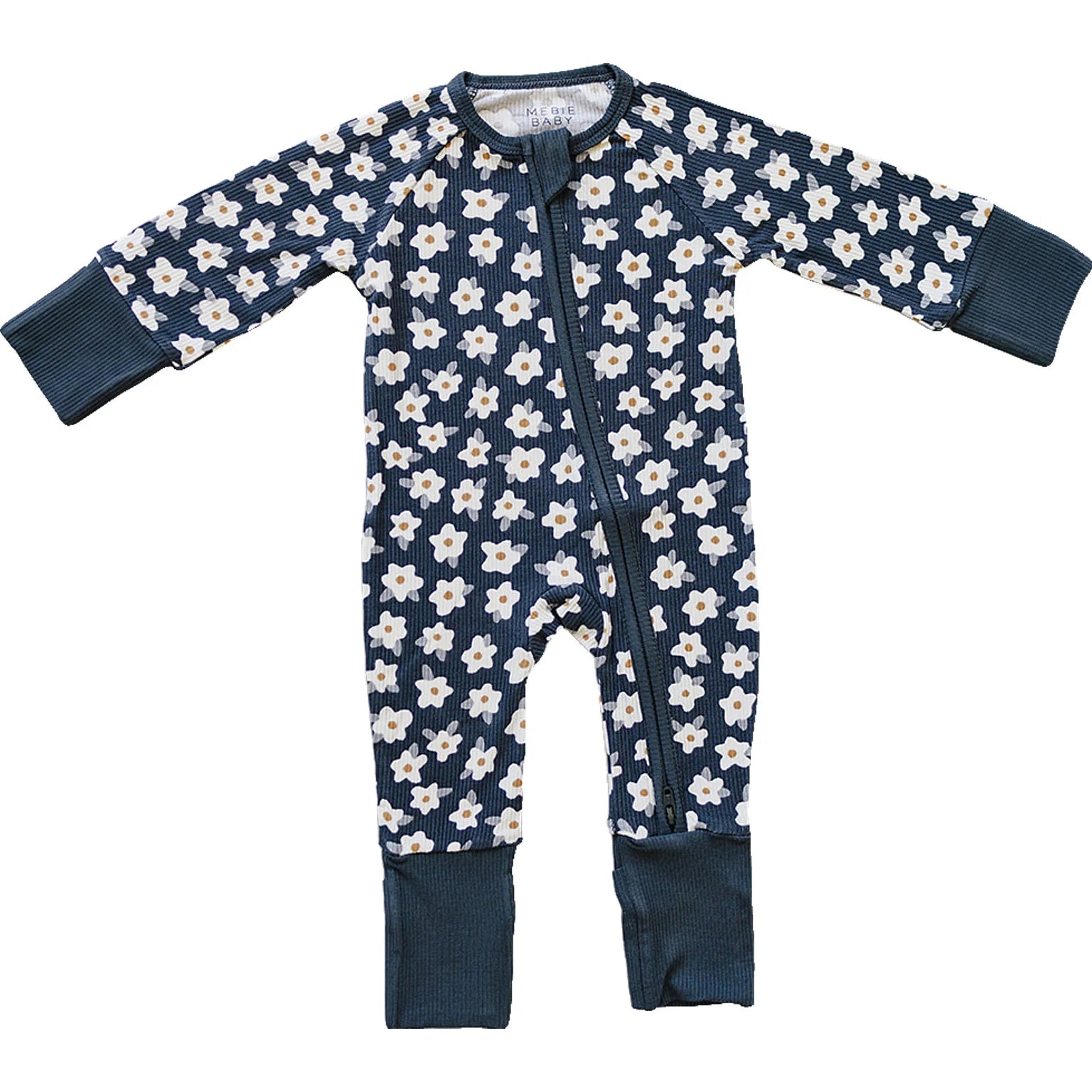 Navy baby onesie with white floral pattern on a white background. Mebie Baby