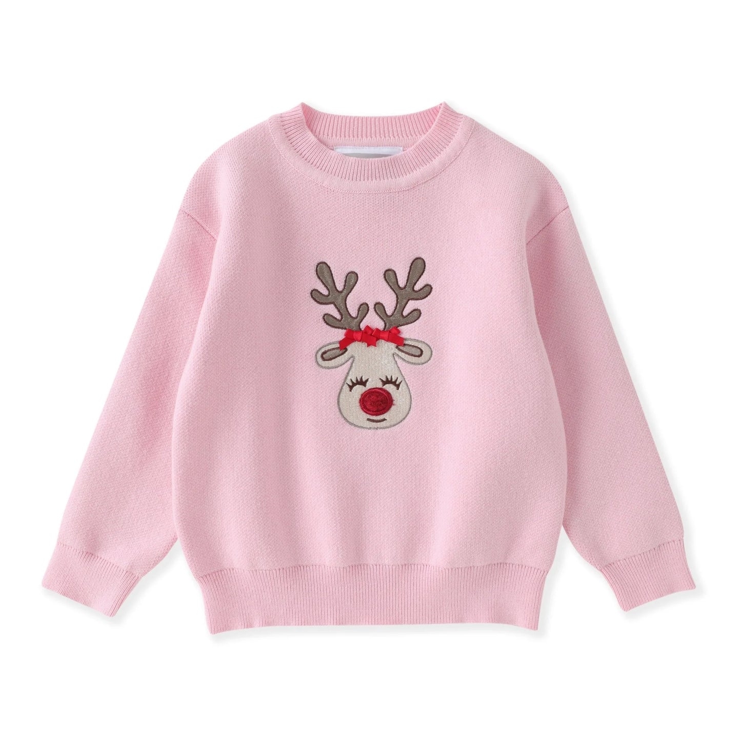 Girl's pink sweater with reindeer patch 