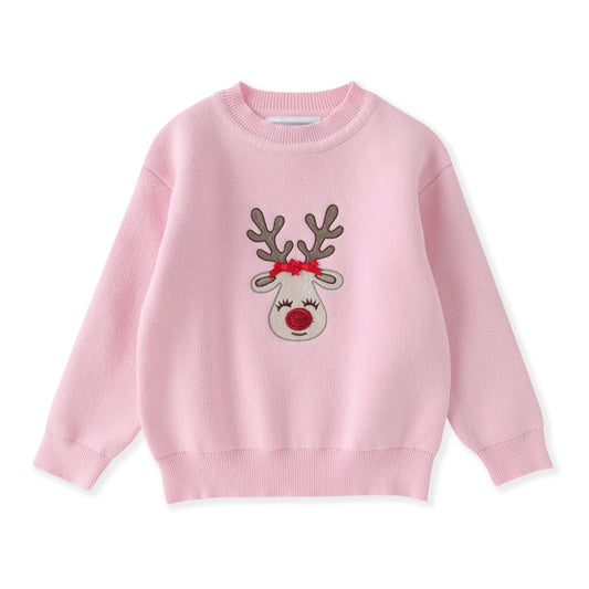 Girl's pink sweater with reindeer patch 