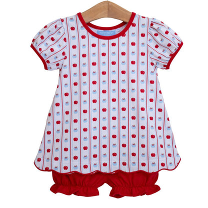 White with red trim bloomer set apple print