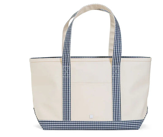 Medium Tote - Coated Canvas Natural with Gingham Navy Trim