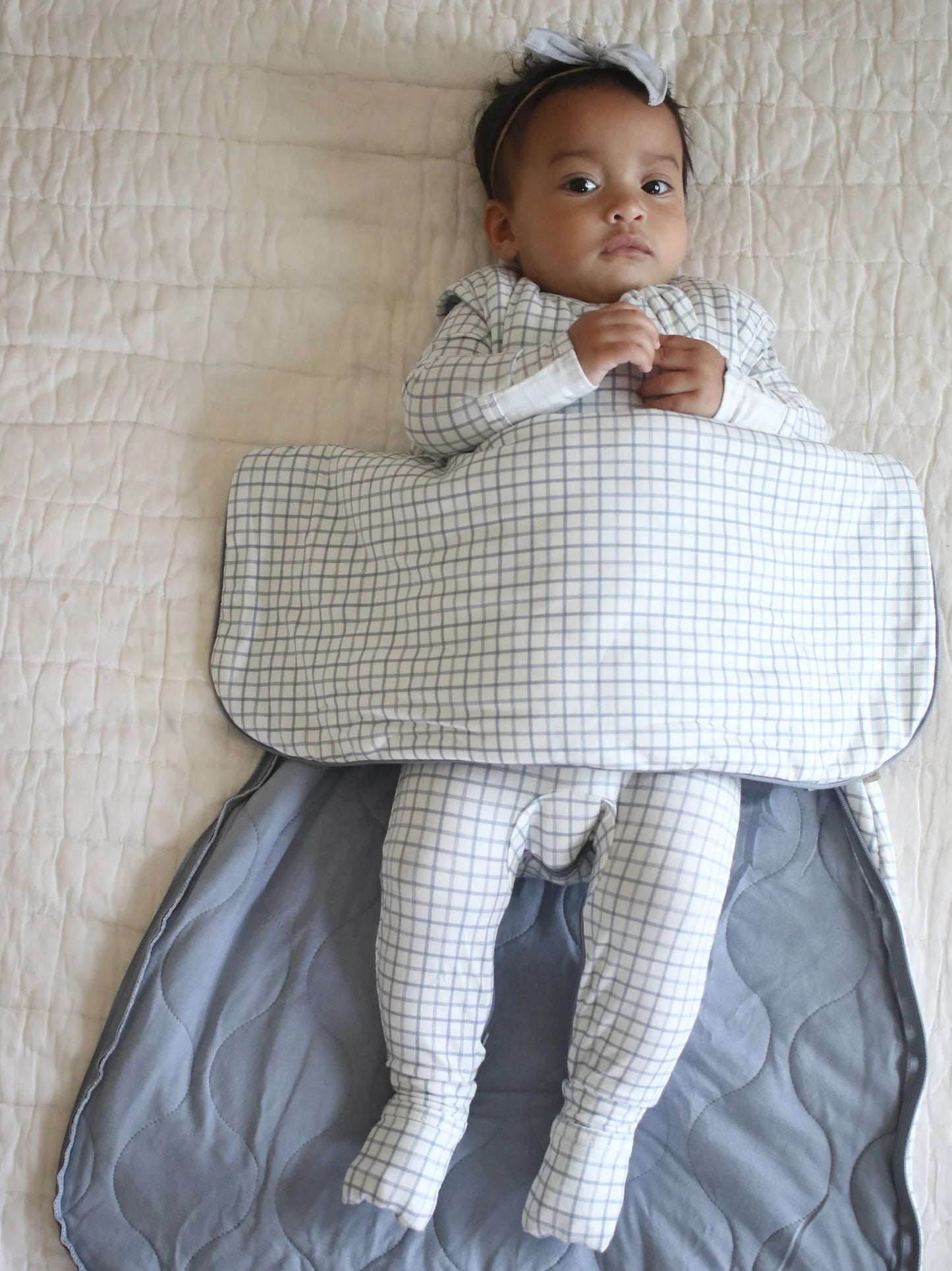 dusty blue checkered sleep sack